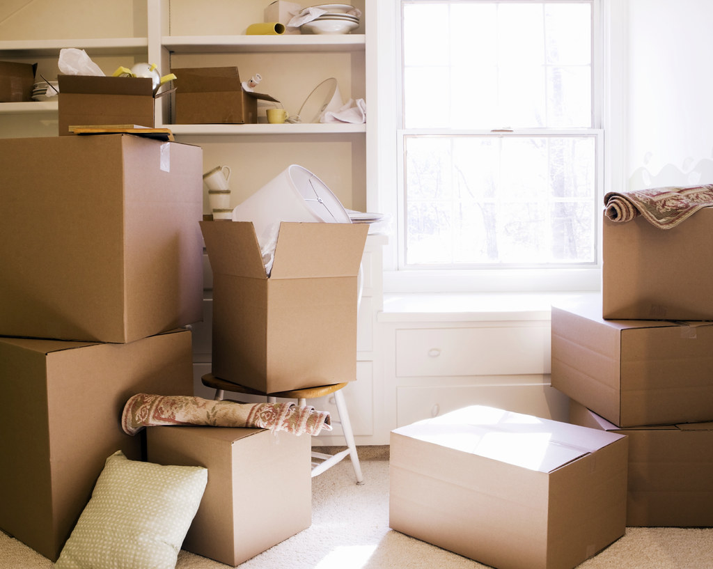 Cardboard moving boxes packed for an office relocation