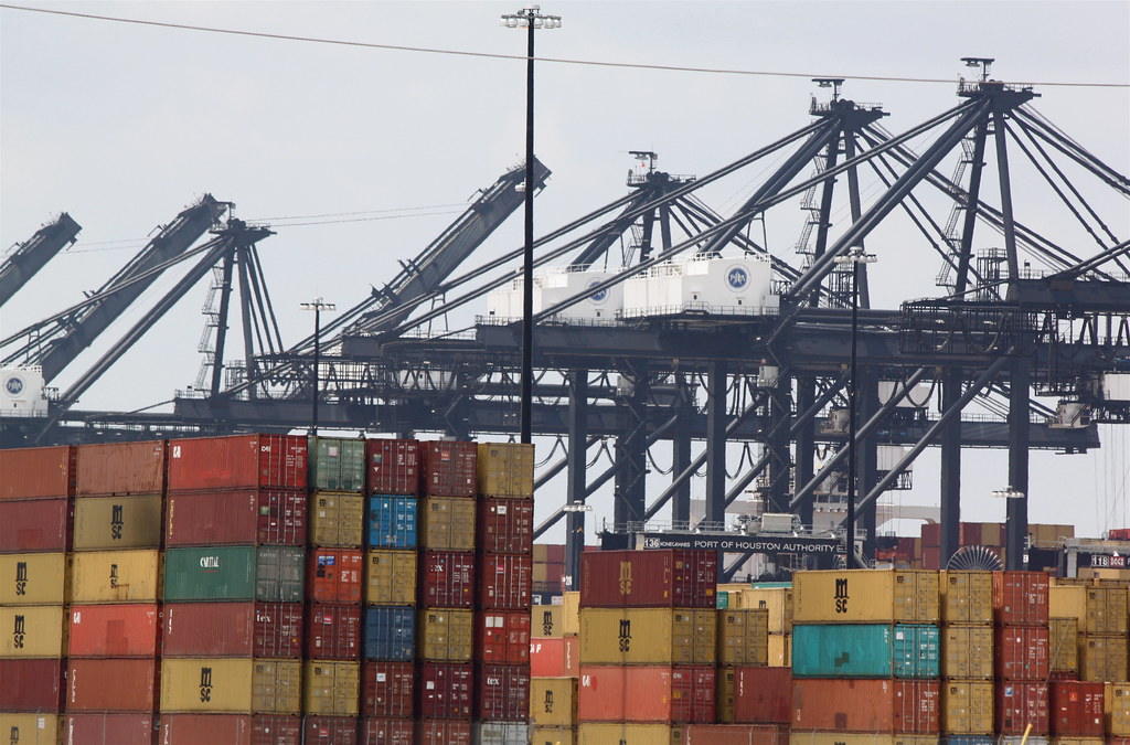 Stacked shipping containers at a marine terminal